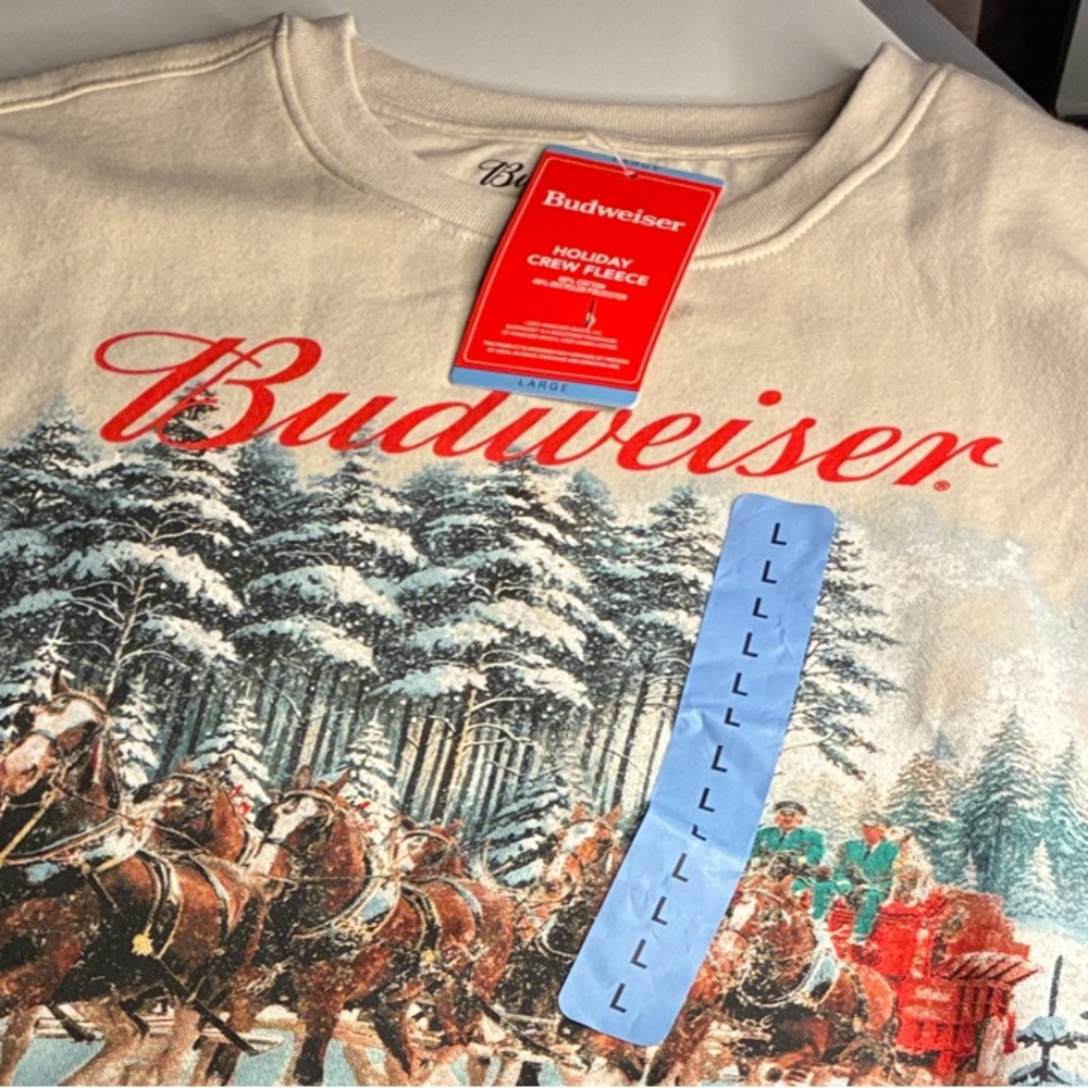 Budweiser Cream Sweatshirt with Red and Green Accents